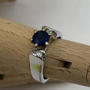 Vintage Faux Sapphire CZ Ring Silvertone Clear CZ Accents Size 6